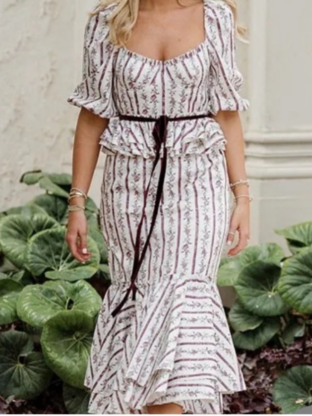 ANTONIO MELANI Nicole Bathie Purple Floral Stripe Print Peplum Ruffle Midi Dress